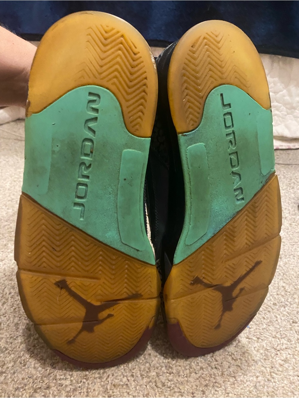 Jordan 2012’s Burgundy and Gray High-Top Sneakers with yellow and teal Accents. - Picture 9 of 11